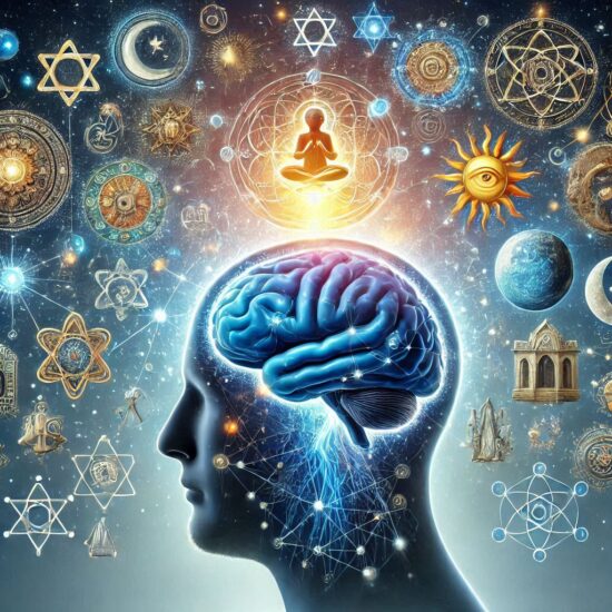 Cerveau avec symboles spirituels et religieux