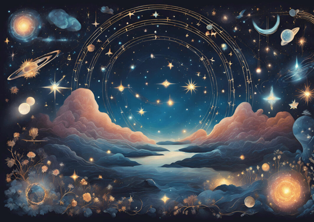 Univers avec des symboles de lune et d'étoiles et synchronicités